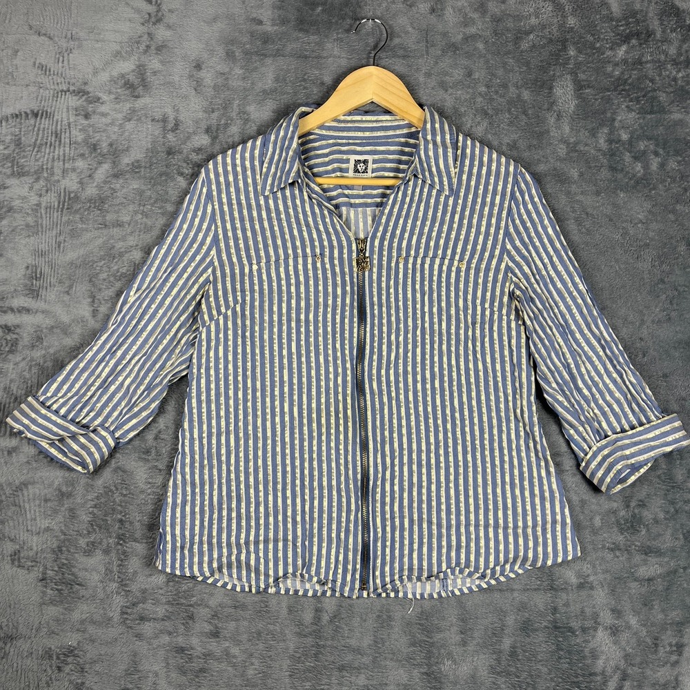 Anne Klein Blouse Top Womens Large Blue White Striped Roll Tab Sleeve Zip Front